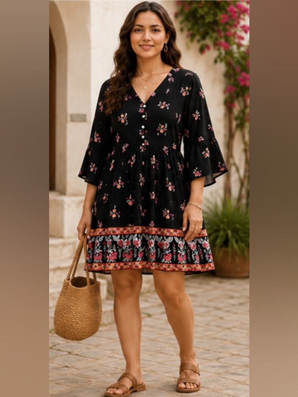 Black Floral Vacation Summer Midi Dress 12-14 Boho Bell Sleeve